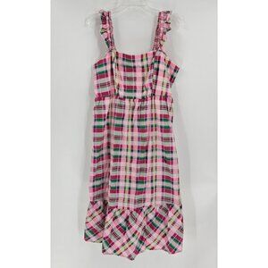 Torrid Dress Sz 0 (L) Midi Poplin Tiered Ruffle Strap Pink Plaid Cottage Picnic